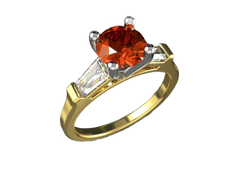 14K Orange Sapphire with Tapered Baguettes Lab Sapphire Engagement Ring, 3 stone ring - Lianne Jewelry