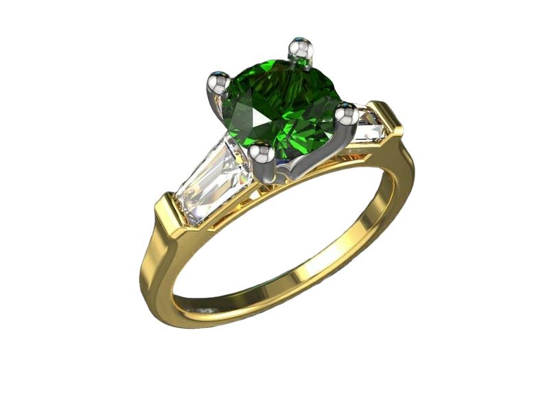 3 Stone Emerald Engagement Ring Tapered Baguettes Moissanite 2 Tone Vintage Lab Emerald Fine deep Green - Lianne Jewelry