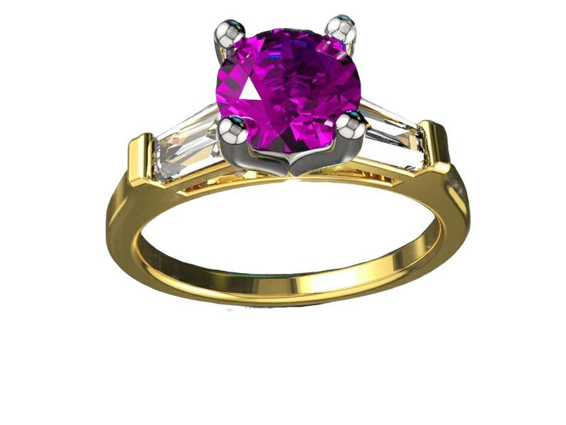 14K Amethyst with Tapered Baguettes Unique Engagement Ring, 3 Stone ring, Purple Ring - Lianne Jewelry