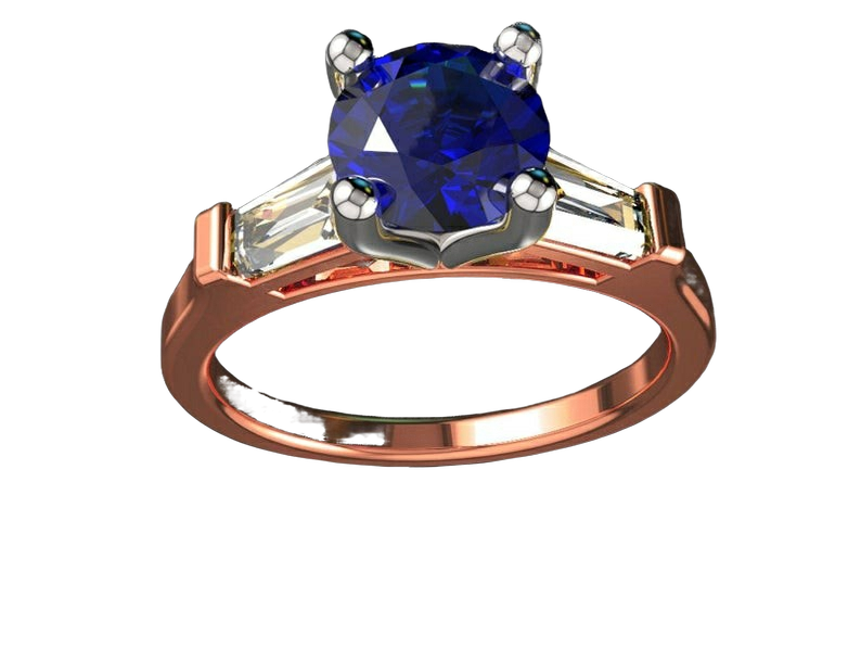 2 Tone 14K Rose gold 3 Stone Ring Lab Sapphire 7mm Round Extra Fine Royal Blue Flanked with Moissanite Tapered Baguettes - Lianne Jewelry