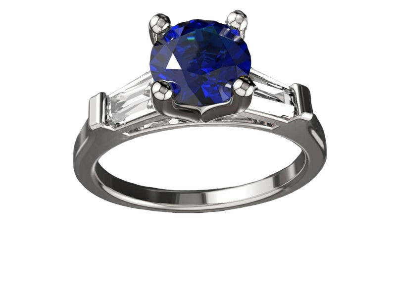 14K Solid White Gold 3 Stone Ring Extra Fine Royal Blue Lab Sapphire Flanked with Moissanite Sparkling Tapered Baguettes - Lianne Jewelry