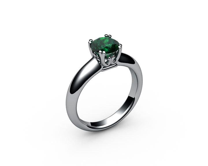 Emerald Ring, Solitaire Ring, Engagement Ring, 14K White gold, May Birthstone