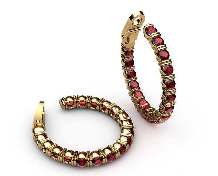 Gold Earrings Huge Hoop Earrings Ruby 18K Yellow Gold or 18K White Gold 19.50 Grams 1.1/8 " Inches Anniversary - Lianne Jewelry