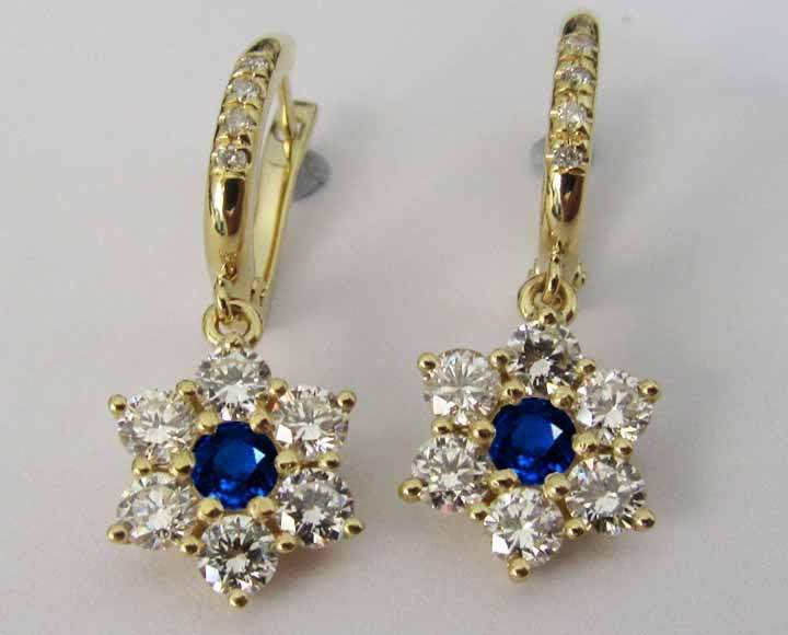 Lever back Flower Earrings Sapphire Earrings Dangle Drop Diamond Earrings Chandelier Earrings 18K Gold Flower Design Perfect Gift for Her