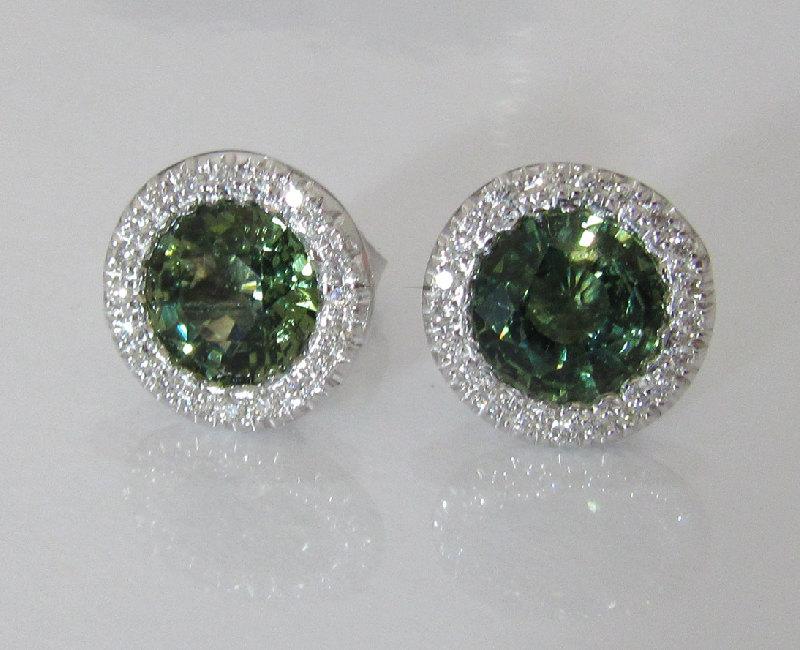 Gold Earrings Green Earrings Unique Earrings Unique Stud Earrings Halo 14K White Gold with Lab Green Sapphire F VS Diamond Valentines Gift