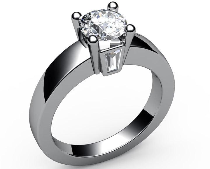 Gold ring Unique moissanite engagement ring Solitaire flanked by 2 taper baguettes Diamonds in 18K Yellow or 18K White Gold