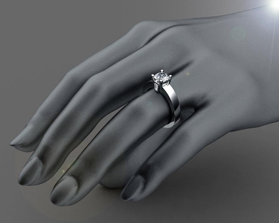 Gold ring Unique moissanite engagement ring Solitaire flanked by 2 taper baguettes Diamonds in 18K Yellow or 18K White Gold