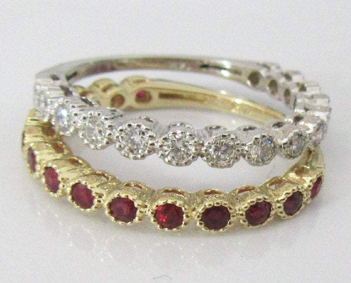 2 Anniversary Gift 2 Eternity Rings 14K White Gold with 15 Diamonds and 14K Yellow gold with 15 Rubies July Birthstone