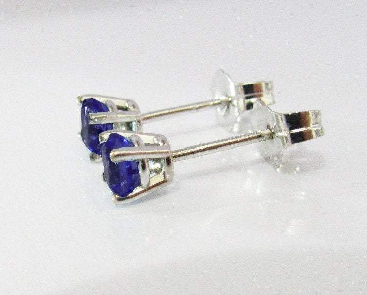 14K White gold Blue Stud Earrings, 4mm Lab Sapphire Christmas Gift Earring Jewelry