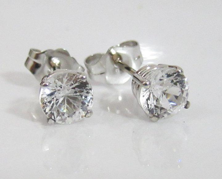 White Sapphire Stud Earrings 4 mm Studs Gemstone 14K White Gold Earrings Wedding Jewelry Anniversary Gift