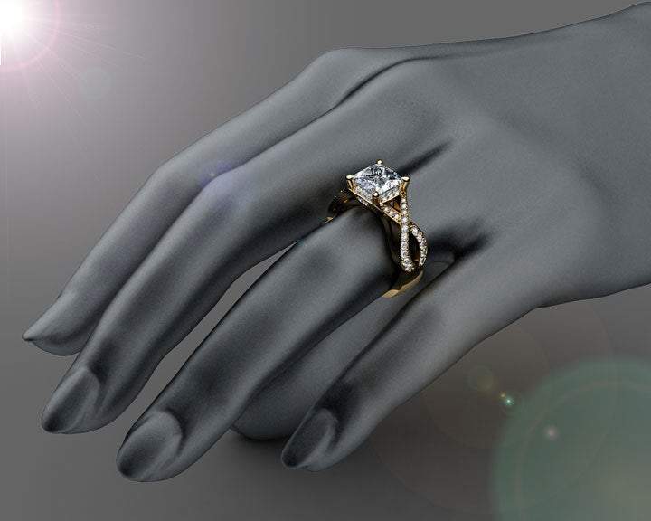 Moissanite Ring Princess Cut Diamond Engagement Unique Ring Cross Pave in 18K White Gold or Yellow Gold
