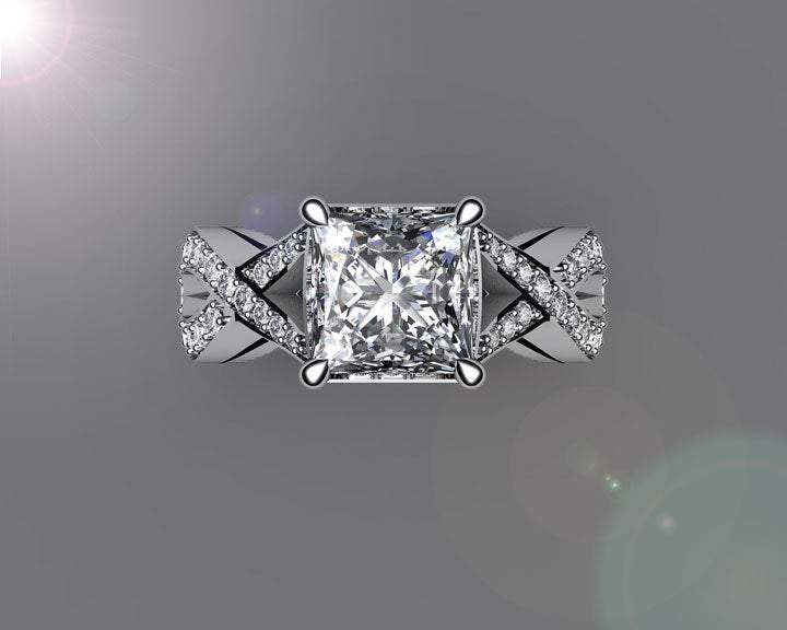 Diamond ring Gold ring Princess Cut Diamond Engagement Unique Ring Cross Pave in 18K White Gold or Yellow Gold