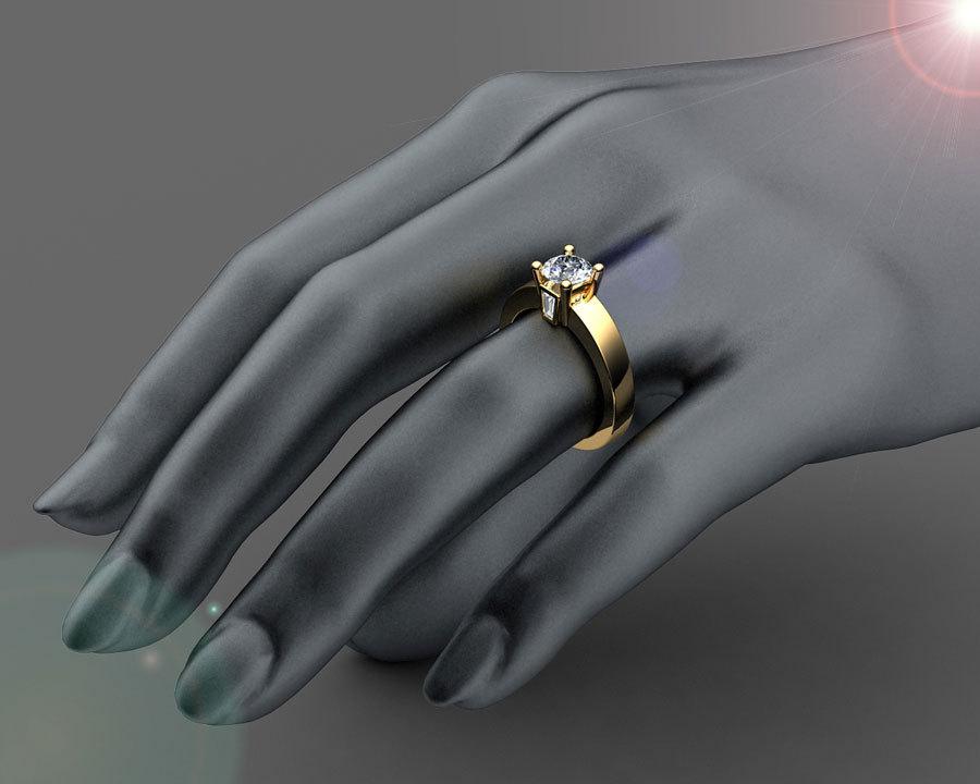 Gold ring Unique moissanite engagement ring Solitaire flanked by 2 taper baguettes Diamonds in 18K Yellow or 18K White Gold
