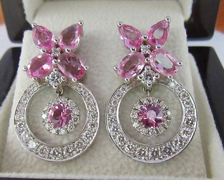 Vintage Pink Sapphire Dangle Drop Earrings 14K White Gold Sapphire Earrings Delicated Bohemian Jewelry Gift For Her. - Lianne Jewelry
