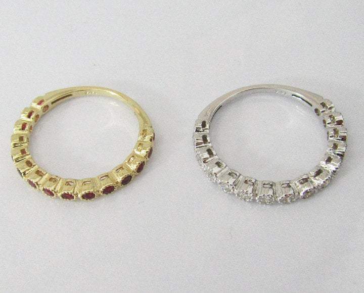 2 Anniversary Gift 2 Eternity Rings 14K White Gold with 15 Diamonds and 14K Yellow gold with 15 Rubies July Birthstone