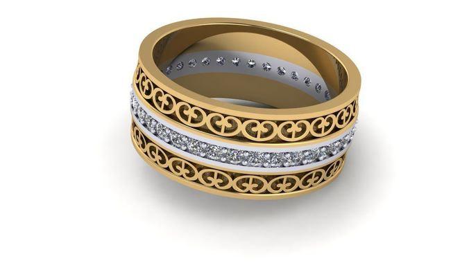 Wide Men's Ring Gold ring Anniversary ring Eternity ring Milgrain wedding band 18K Yellow and white gold one row Diamonds forever gift - Lianne Jewelry