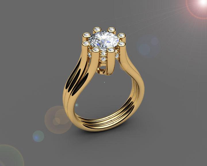 Diamond ring Gold ring 8 Prongs moissanite Unique engagement ring triple split shank 18K Yellow or 18K White gold birthday gift