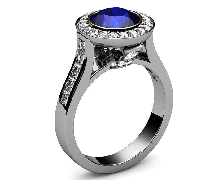 Sapphire Engagement Ring Cathedral channel frame Pavé halo ring 18K Yellow gold Jewelry marriage anniversary ring