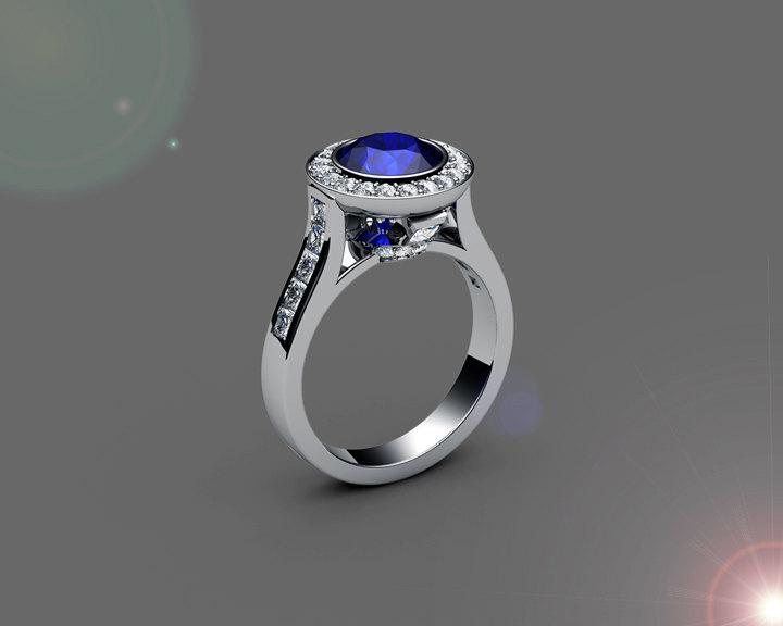 Sapphire Engagement Ring Cathedral channel frame Pavé halo ring 18K Yellow gold Jewelry marriage anniversary ring