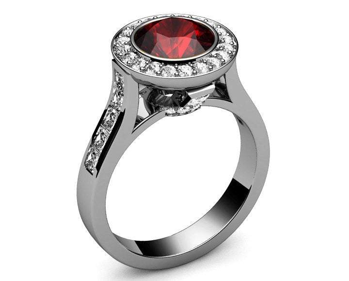 Ruby Engagement Ring Cathedral channel frame Pavé halo ring 18K Yellow or White gold Jewelry marriage anniversary ring - Lianne Jewelry