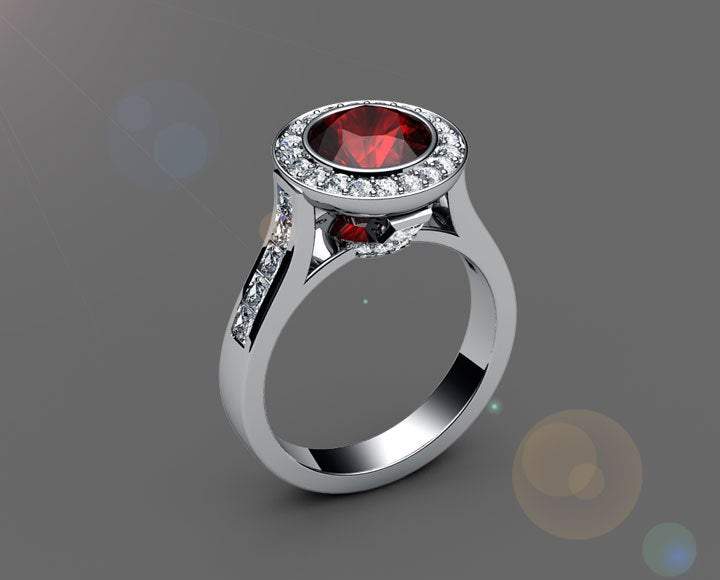 Ruby Engagement Ring Cathedral channel frame Pavé halo ring 18K Yellow or White gold Jewelry marriage anniversary ring