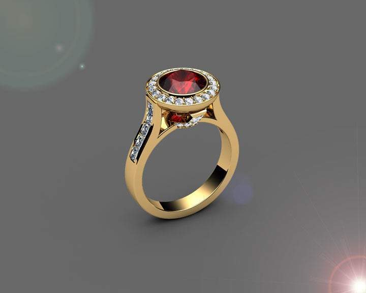 Ruby Engagement Ring Cathedral channel frame Pavé halo ring 18K Yellow or White gold Jewelry marriage anniversary ring