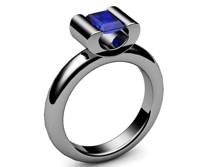 Sapphire Solitaire Ring, Tension ring, Radiant cut Deep Extra Fine deep Royal Blue 18K Yellow gold