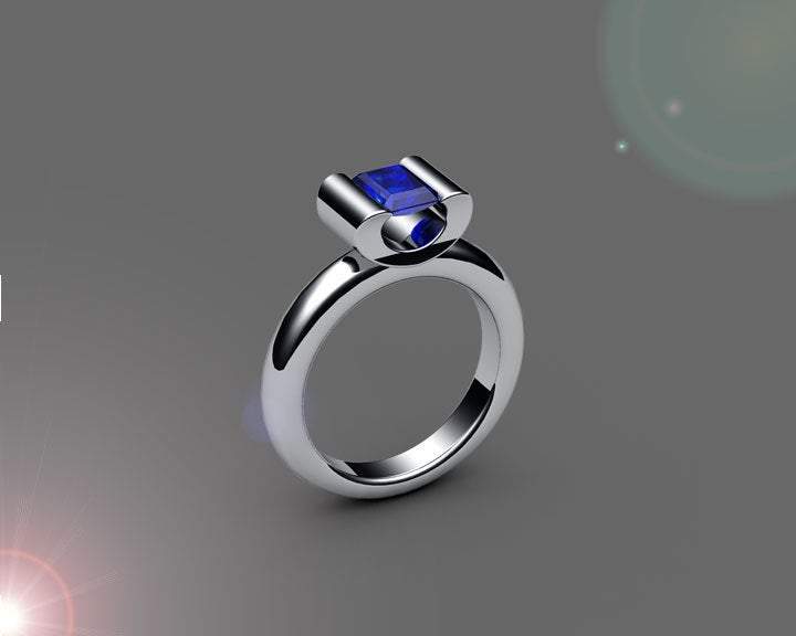 Sapphire Solitaire Ring, Tension ring, Radiant cut Deep Extra Fine deep Royal Blue 18K Yellow gold
