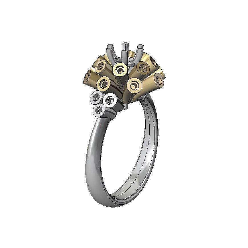 Tube Emerald and Diamond Unique Engagement ring 18K Yellow & White gold Engagement gift 16 standing tubes