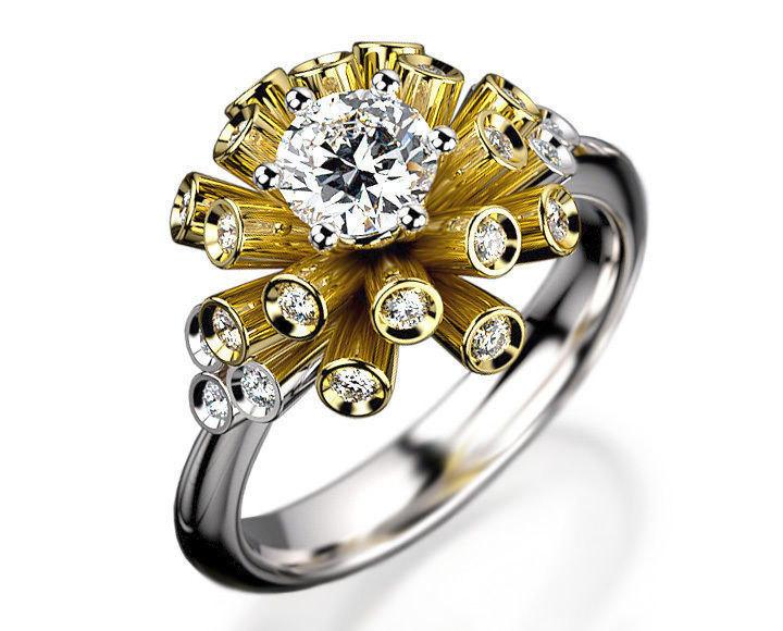 Art Nouveau unique Engagement ring Tube ring Diamond ring Flower ring Floral ring 18K Yellow & White gold Engagement gift 16 standing tubes