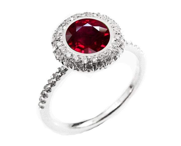 Ruby ring Halo Diamond Ring with 1.03 ct. Extra Fine Ruby surrounded with 56 Diamonds D-E-F VVS - Lianne Jewelry