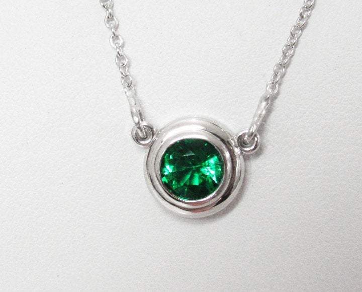 Emerald Pendant Round Pendant Top Quality Chatham Emerald 14K White gold May Birthstone - Lianne Jewelry