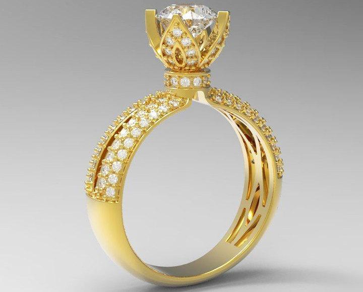 Filigree Solitaire Crown Setting 18K Gold ring Unique Engagement Ring with Princess Split Shank Pave setting Ring