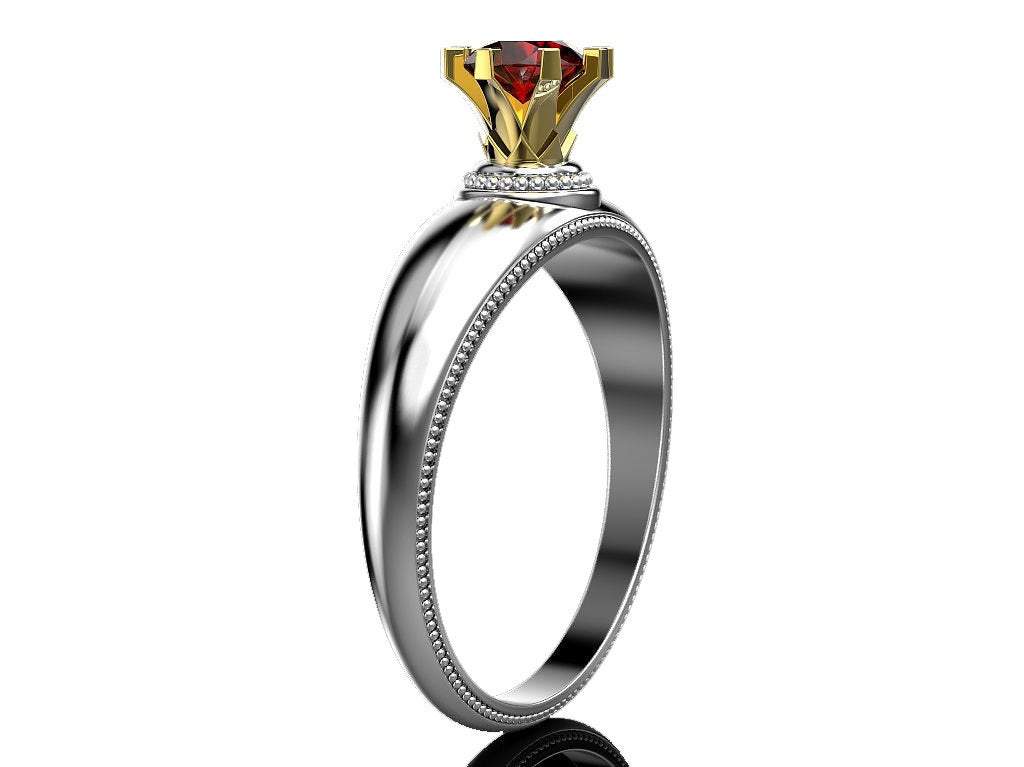 2-Tone Solitaire Ruby Engagement ring, 18K Gold, 8 prongs Ring