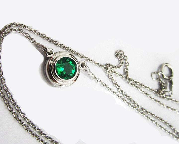 Emerald Pendant Round Pendant Top Quality Chatham Emerald 14K White gold May Birthstone
