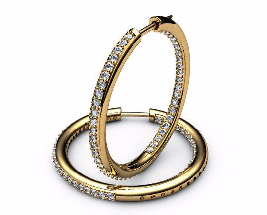 Gold Thin Hoops with Diamonds inside out, 94 Diamonds Hoop Earrings, 1.1/4 carat, 18K White gold 18K Yellow gold 18K Rose gold forever