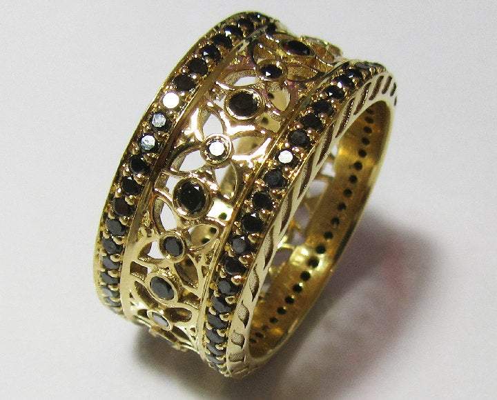 Wide Anniversary Ring Band Milgrain wedding band Wedding Gift, Eternity Ring Wide Ring 124 Black Diamonds  18K Solid gold Anniversary Gift