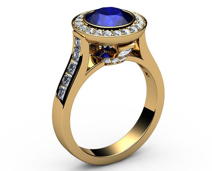 Sapphire Engagement Ring Cathedral channel frame Pavé halo ring 18K Yellow gold Jewelry marriage anniversary ring