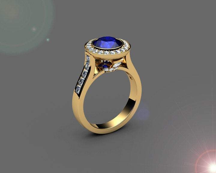 Sapphire Engagement Ring Cathedral channel frame Pavé halo ring 18K Yellow gold Jewelry marriage anniversary ring