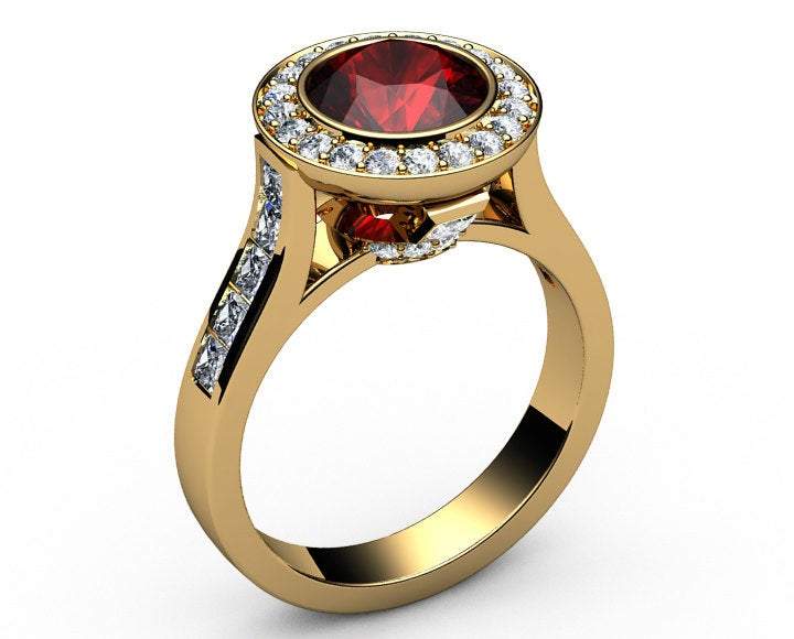 Ruby Engagement Ring Cathedral channel frame Pavé halo ring 18K Yellow or White gold Jewelry marriage anniversary ring