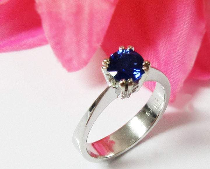 Sapphire Ring Engagement Ring Solitaire Ring 14K White gold September Birthstone