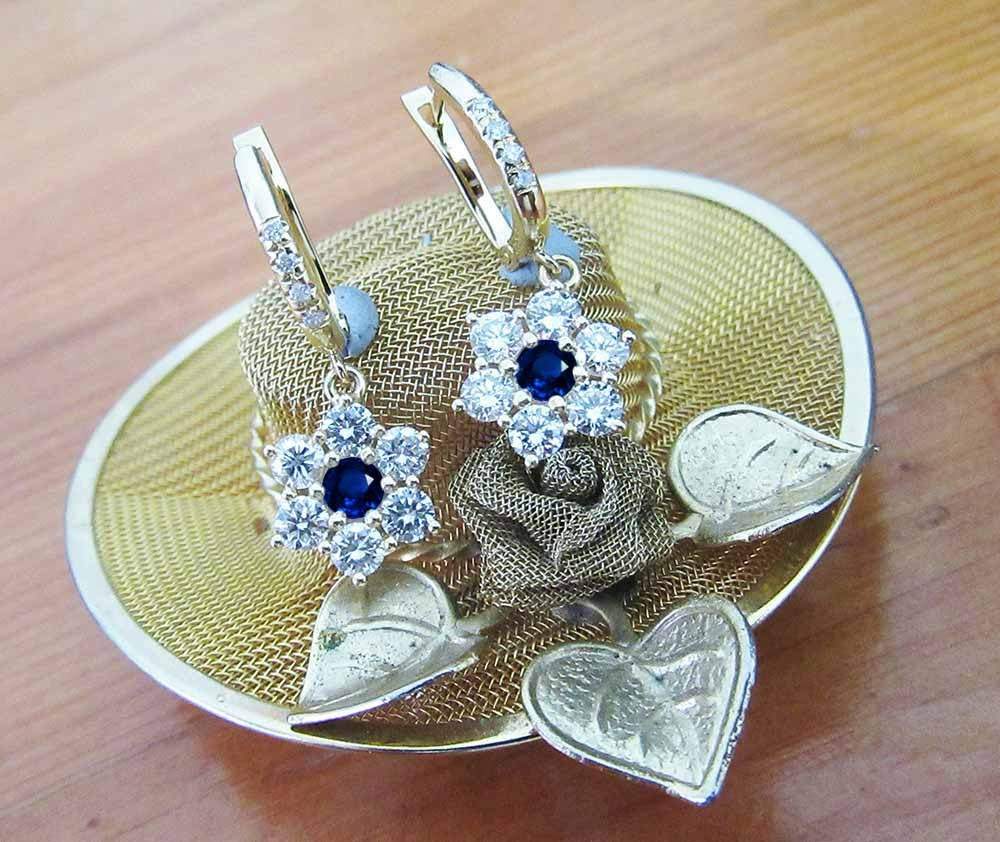 Lever back Flower Earrings Sapphire Earrings Dangle Drop Diamond Earrings Chandelier Earrings 18K Gold Flower Design Perfect Gift for Her
