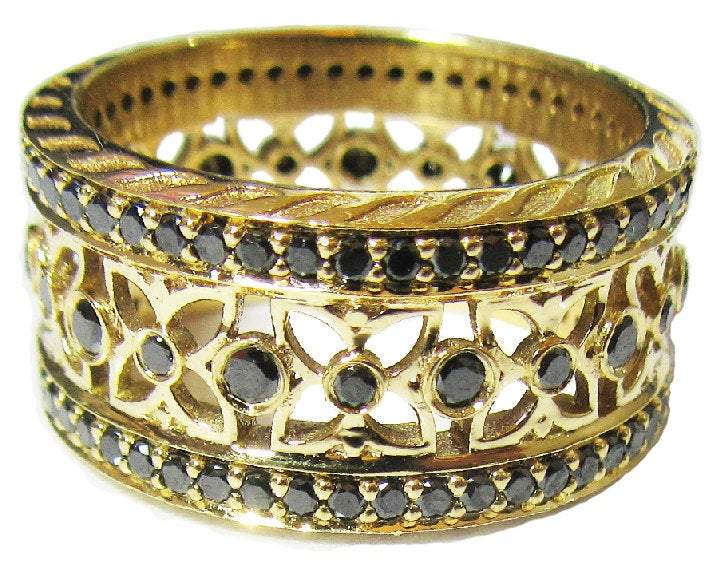 Wide Anniversary Ring Band Milgrain wedding band Wedding Gift, Eternity Ring Wide Ring 124 Black Diamonds  18K Solid gold Anniversary Gift - Lianne Jewelry
