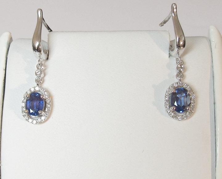 Lever back Vintage Earrings Oval Sapphire surrounded Diamonds Birthday Gift Woman Earrings Edwardian Earrings Drop earrings 14K White Gold