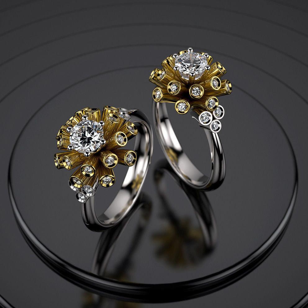 Art Nouveau unique Engagement ring Tube ring Diamond ring Flower ring Floral ring 18K Yellow & White gold Engagement gift 16 standing tubes