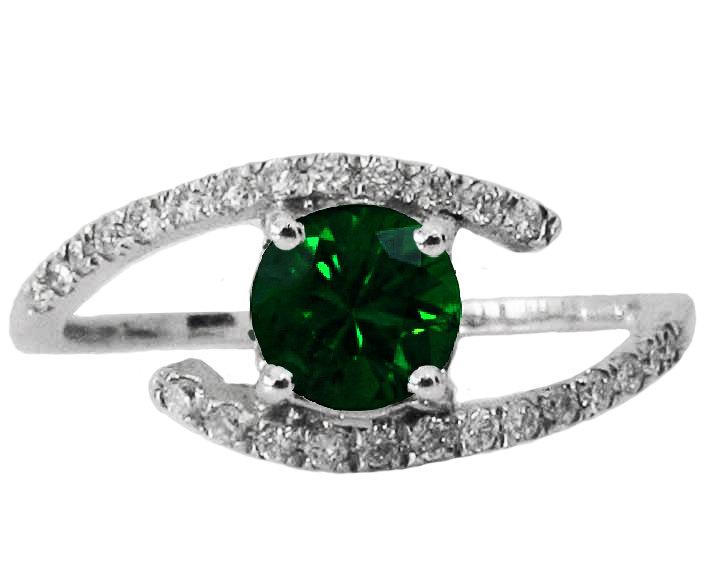 Solitaire Emerald Twist Ring, Curved Shank Unique Engagement Ring, Celtic Ring 14K White Gold