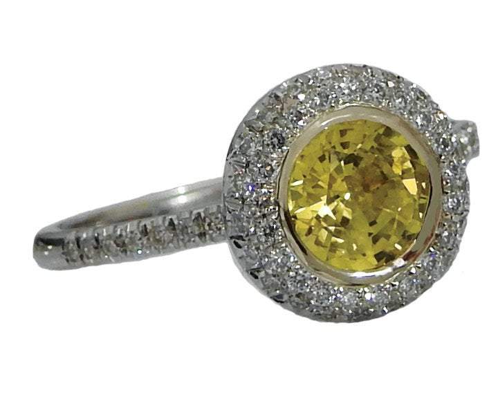 White Gold ring Halo Diamond Ring with 1 carat Intense Yellow Sapphire surrounded with 56 Diamonds