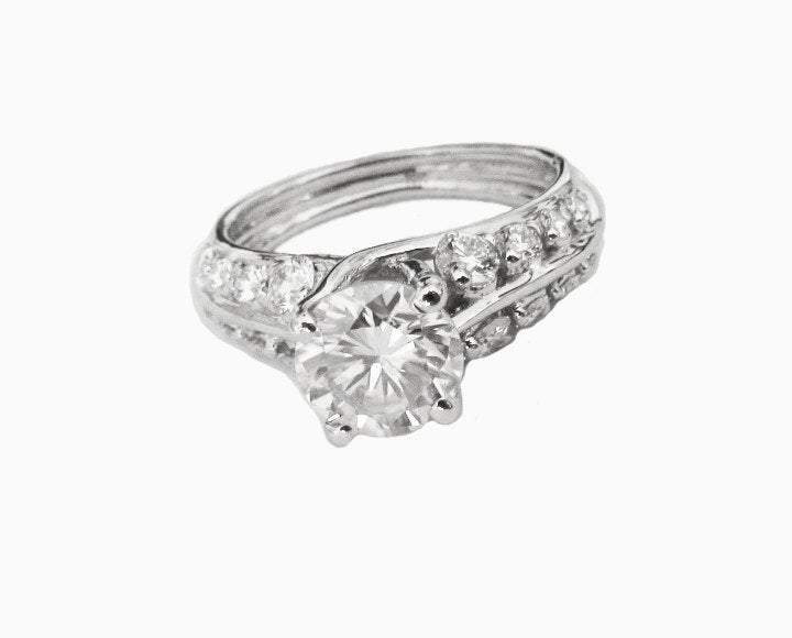 Moissanite Ring Engagement Ring Stackable Ring Diamond ring moissanite unique ring with F VVS diamonds on the sides made in 18K White Gold