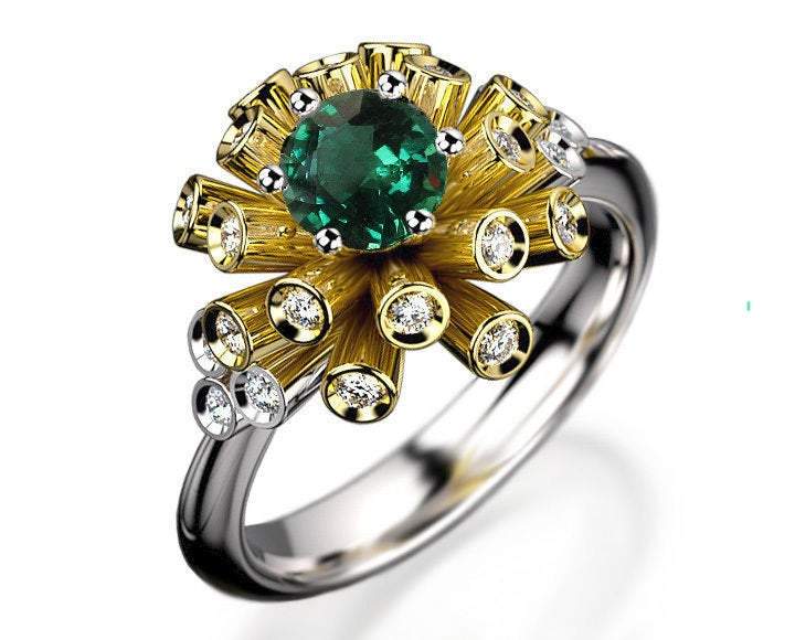 Tube Emerald and Diamond Unique Engagement ring 18K Yellow & White gold Engagement gift 16 standing tubes - Lianne Jewelry