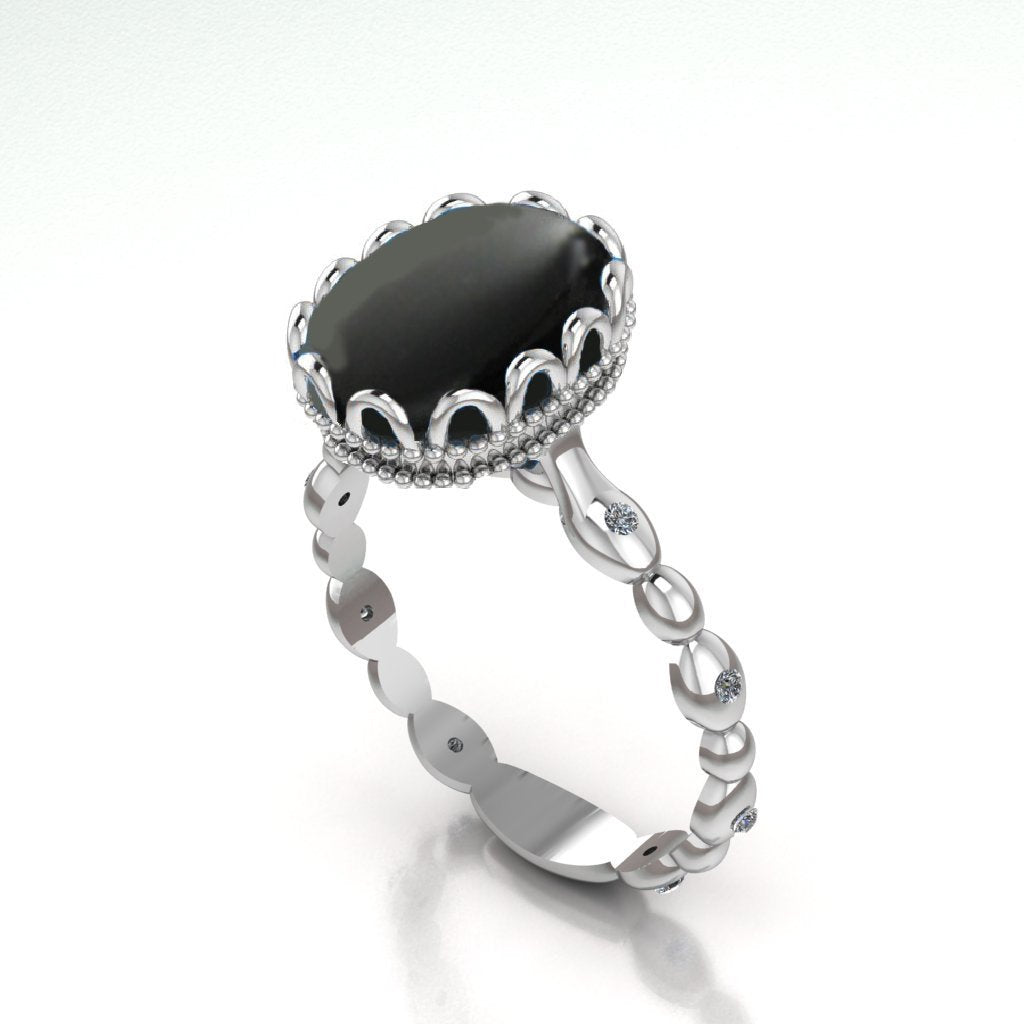 Bella Onyx Filigree Engagement Ring, 18K White Gold Black Onyx Ring
